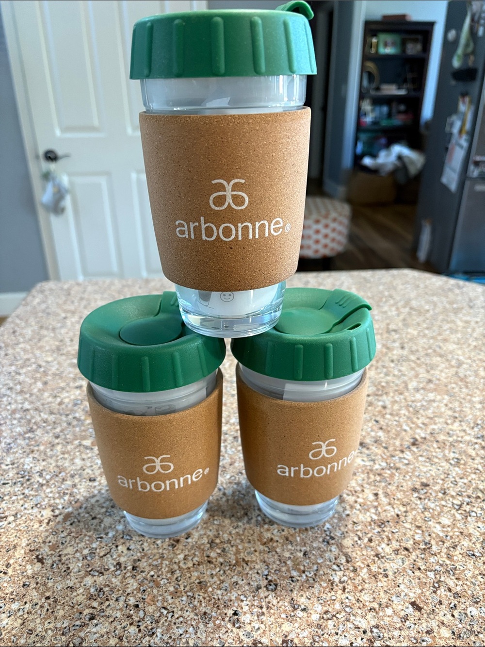 Set of 3 Arbonne Clear Glass Tumblers with Green Lids and Cork Sleeves. New